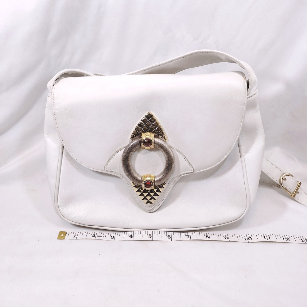 Meyers Vintage White Leather Shoulder Bag; Jeweled Hardware, Made in USA